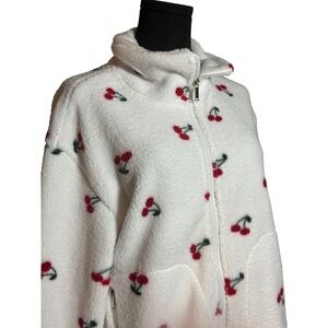 Seventh & Sunset Womens Cherry Print Fleece Zip Up Jacket White Red JJ0095 M